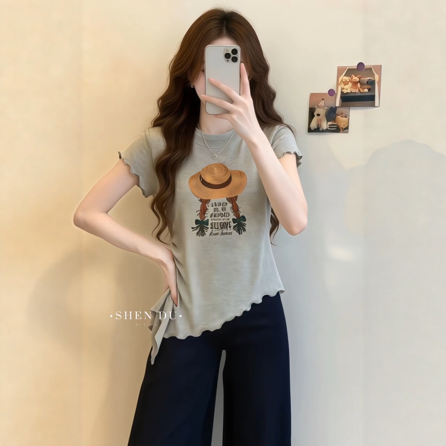 Áo thun nữ tay ngắn cổ tròn thiết kế viền bèo nhún bất quy tắc — màu xám chi tiết 5