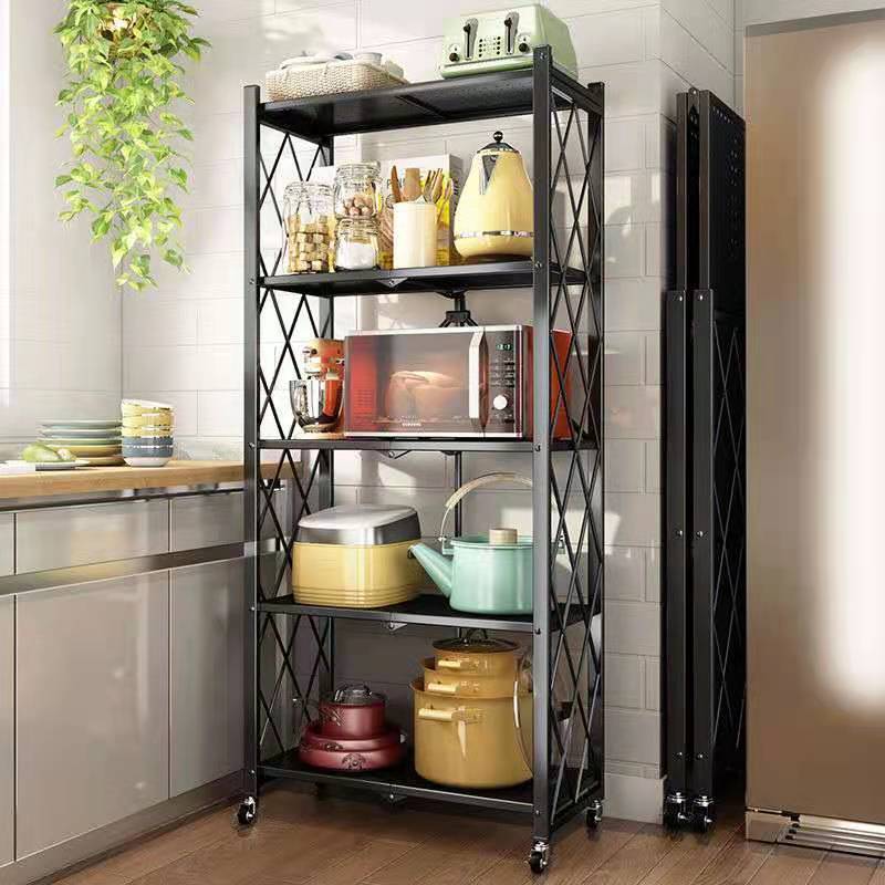 Cocina carro pequeño sin instalación estante de almacenamiento plegable estante de acabado de piso multicapa horno de microondas estante de almacenamiento