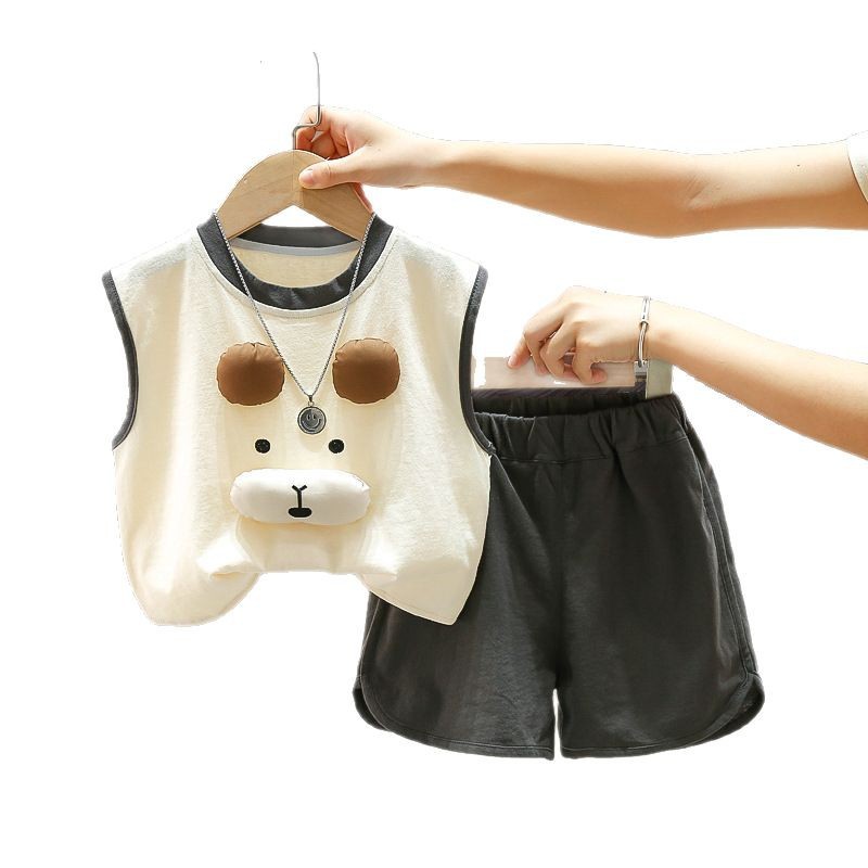 7924 verano nuevo traje de chaleco para hombres y mujeres verano para bebés chaleco de dibujos animados oso traje sin mangas de estilo occidental de dos piezas