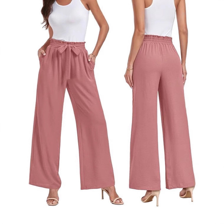 2025 pantalones de piernas anchas de mujer cintura alta elegante ajustable nudos pantalones largos largos casuales de negocios correa de bolsillo para mostrar piernas largas image 4