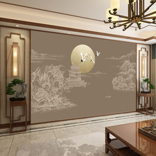 中式意境山水办公室装饰壁画大气电视背景墙壁纸茶厅饭店包厢墙布