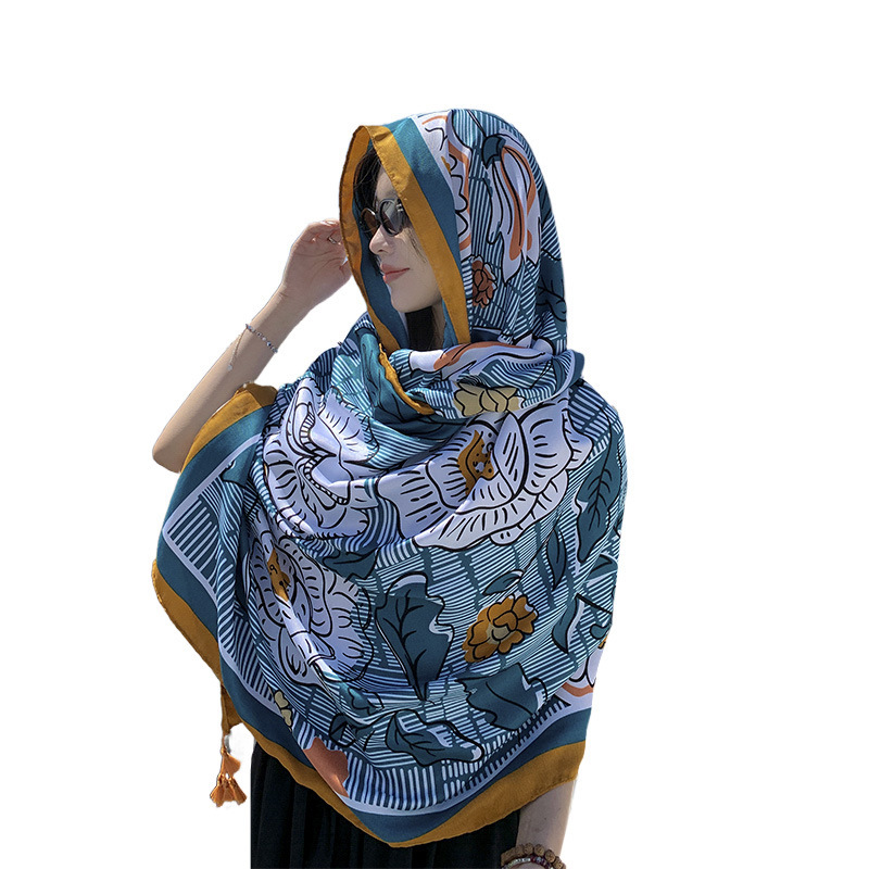 2023 estilo coreano pastoral artística flor algodón y lino sensación seda bufanda viaje protector solar toalla de playa doble uso aire acondicionado chal para mujeres