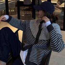 深秋初冬穿搭撞色条纹加厚开衫毛衣外套女秋冬奶fufu慵懒针织上衣