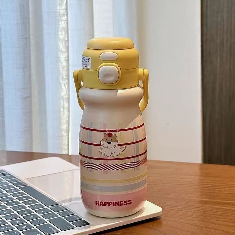 Taza termo de gatito simple - Alto valor estético, taza de pajita para estudiantes y chicas, doble modo de bebida, acero inoxidable 316, para niños