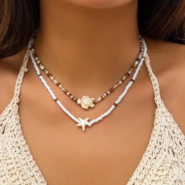 European and American Cross-border Bohemian Style White Rice Beads Handmade Beaded Clavicle Chain Women's Beach Starfish Necklace