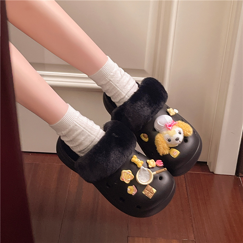 甜美少女心厚底增高洞洞鞋2025秋冬新款踩屎感防滑休闲包头棉拖鞋|undefined