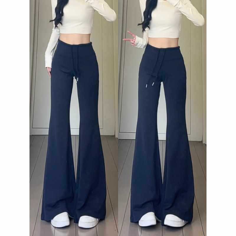 Navy Blue Flared Sweatpants for Women, Autumn and Winter New Korean Style, Petite High-Waisted Slim Fit Fleece-Lined Joggers