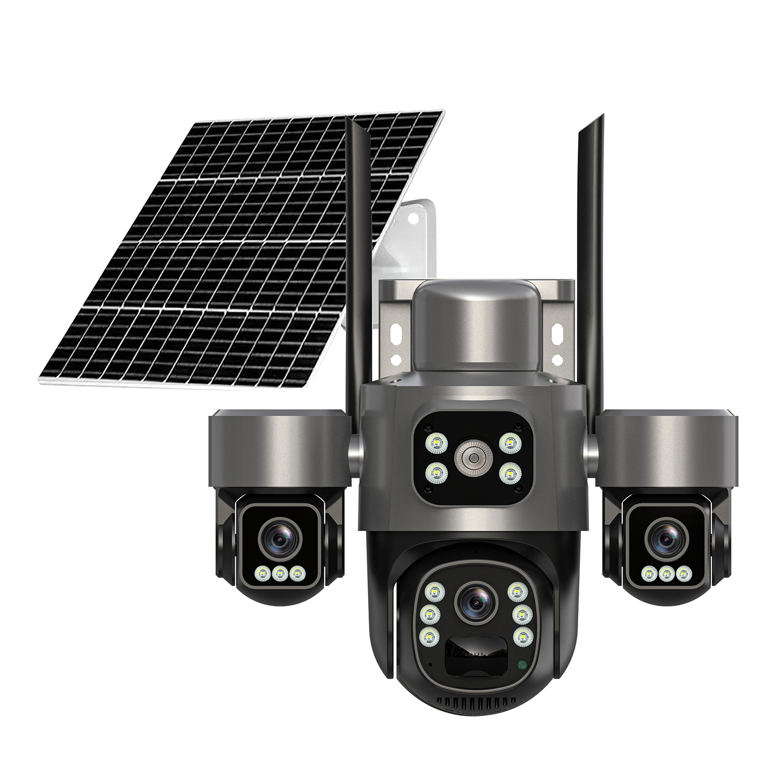 三摄像头三镜头三目太阳能监控摄像头三云台旋转4G低功耗防水无