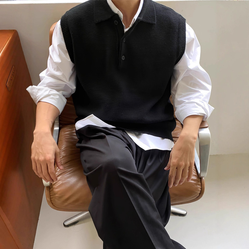 Black Polo Collar Sleeveless Knitted Vest Men's American Retro High-End Business Casual Waistcoat Sweater Vest Trendy
