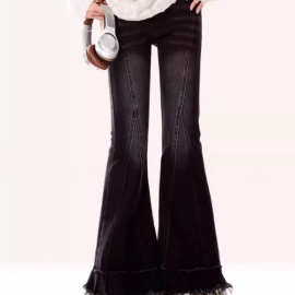 辣妹格子拼接微喇叭牛仔裤女美式复古高腰修身显瘦荷叶边马蹄裤子