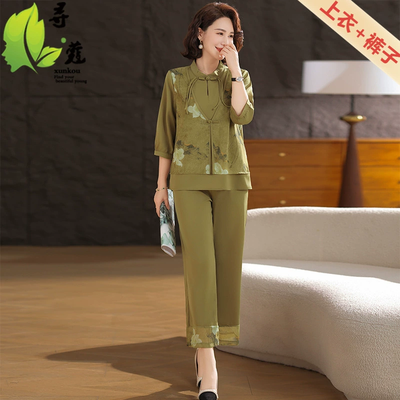 Новый средний и пожилой женский костюм иностранная мама набор летом тонкий набор из двух частей 40-60 лет женский большой размер летний новый