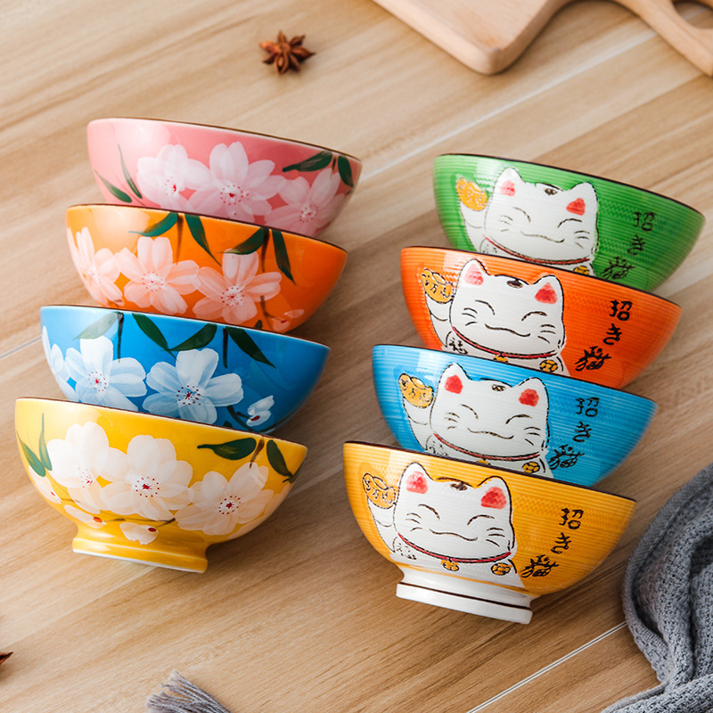 [High Feet Small Bowl] Creative Hand-painted Personality Bowl Restaurant Household Rice Bowl Household Department Store Household Ceramic Bowl
