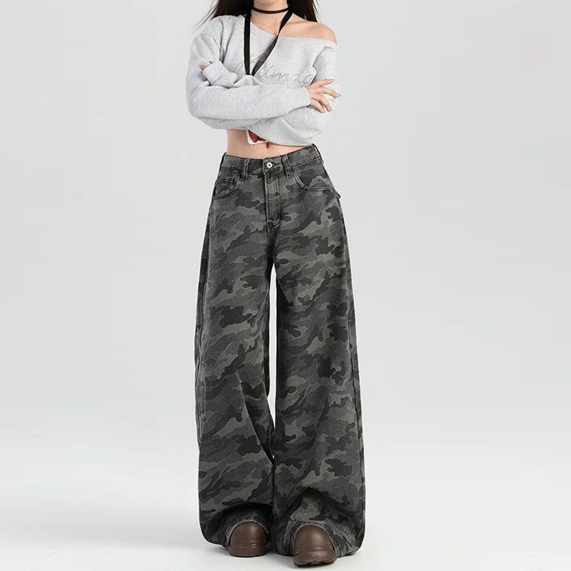 American High Street Workwear Wide-Leg Camouflage Jeans for Women with Drapey Autumn Retro High-Waisted Loose Lazy Straight Pants American High Street Workwear Wide-Leg Camouflage Jeans for Women with Drapey Autumn Retro High-Waisted Loose Lazy Straight Pants