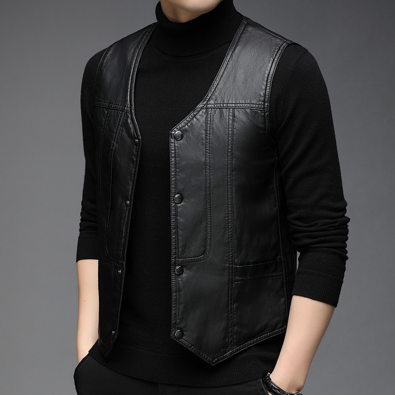 Leather Vest Men's Casual V-neck Cardigan Autumn and Winter All-match Puleather Vest Sleeveless Waistcoat Young and Middle-aged Jacket