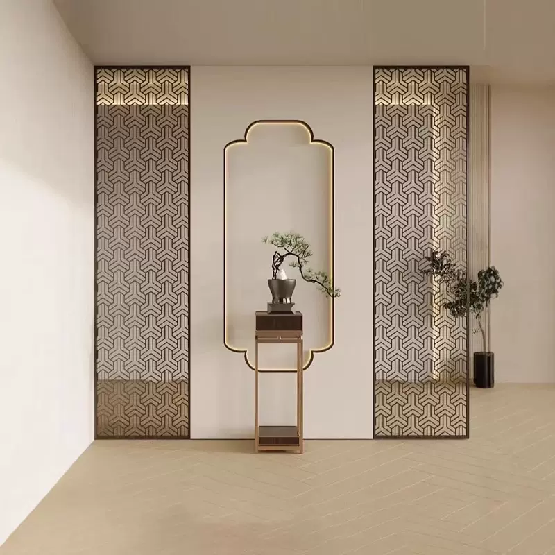 不锈钢金属屏风玄关新中式花格仿铜客厅卧室铝合金屏风隔断装饰