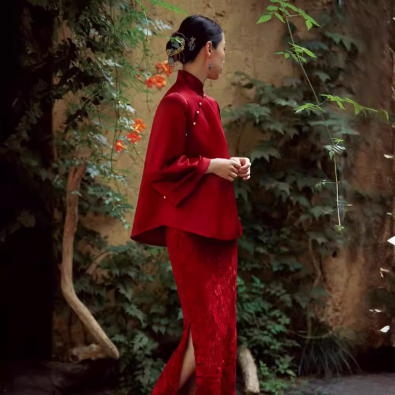 新中国式チャイナドレス敬酒服2024新型レトロ国風結婚ドレス婚約ワンピース長袖春秋|undefined