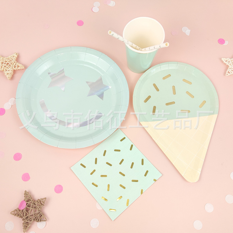 Disposable Hot Silver Smiley Ice Cream Paper Plate Birthday Party Wedding Dinner Decoration Party suit