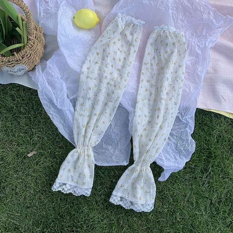 Mangas de hielo, mangas de protección solar, verano femenino, fresco, floral pequeño, encaje francés, sombreado, viaje en bicicleta, juego de máscara de manga de hielo