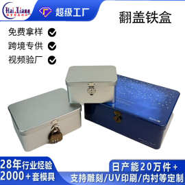 翻盖密码锁收纳铁盒桌面杂物收纳盒带锁收纳储物方形翻盖马口铁盒