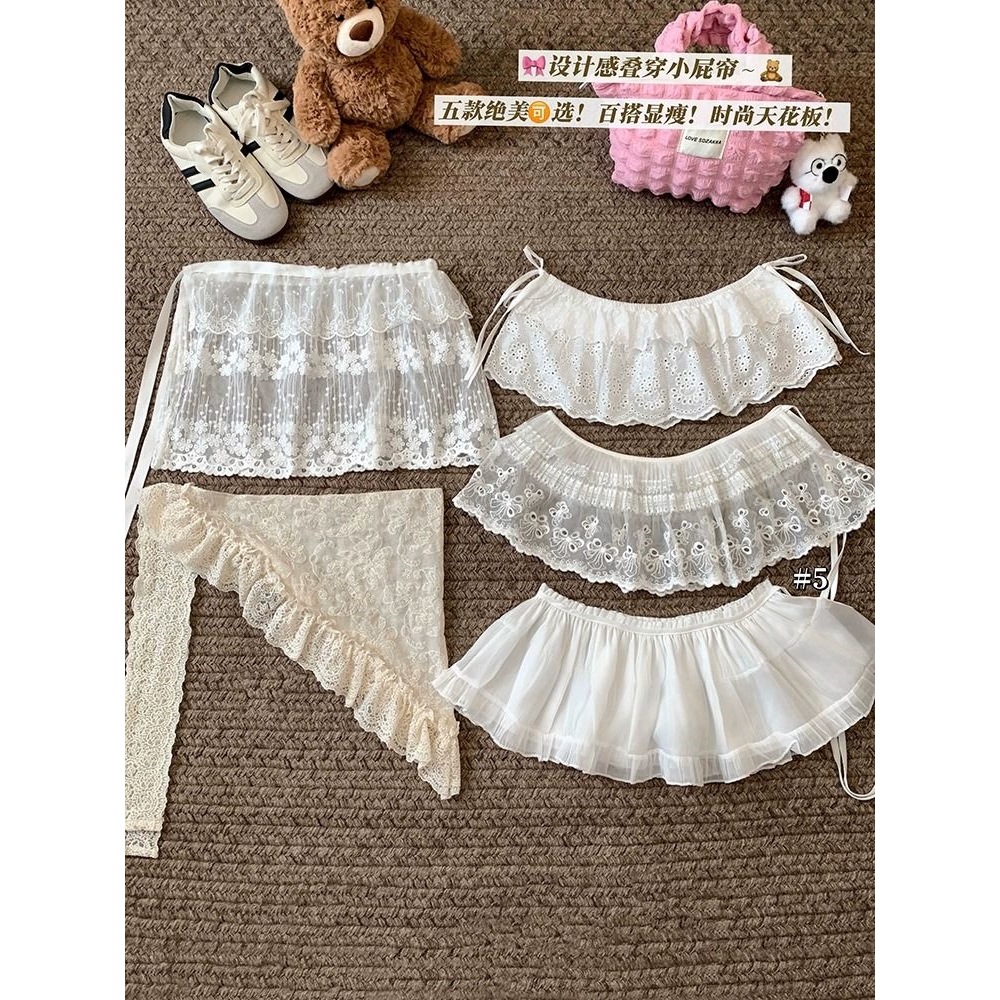 Ballet Style White Lace Skirt for Women Spring Layered Girdle Butt Curtain Mesh Skirt Petite A-Line Skirt