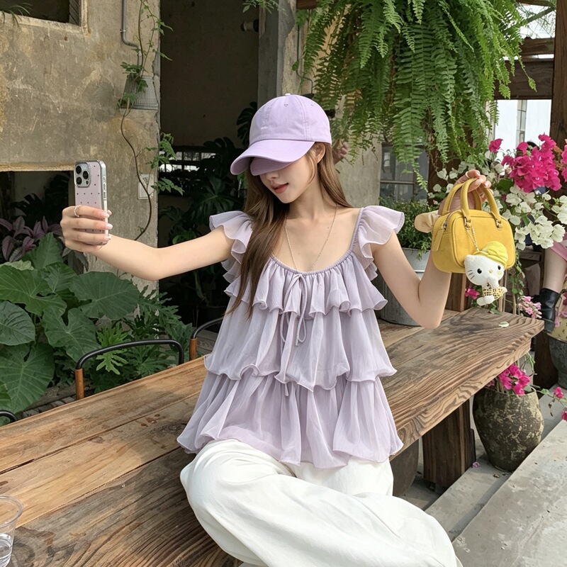 Real Price, Real Shot: Sweet Style Purple Ruffled Flutter-Sleeve Blouse, Loose Shirt, Women's Korean-Style Gentle Top Real Price, Real Shot: Sweet Style Purple Ruffled Flutter-Sleeve Blouse, Loose Shirt, Women's Korean-Style Gentle Top