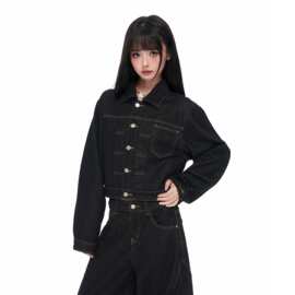 跨境黑金色明线翻领单排扣短款牛仔服女2026早秋新款宽松气质百搭