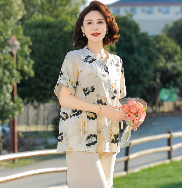 新しい中国風ママサマースーツ、涼しい花柄シャツ、ワイドレディトップス、中年女性のおしゃれなシャツ2点セット|undefined