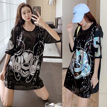 卡通新品泰国潮牌时尚洋气亮片宽松t恤短袖女中长款打底衫