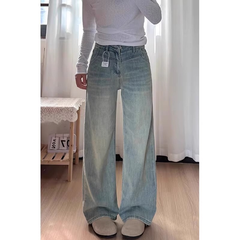 2025 New Vintage light blue Wide Leg Jeans Women's High Waist Design plus size Slimming Pants
