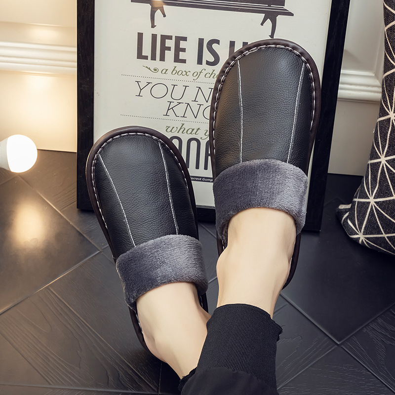 First layer cowhide thermal cotton slippers men's and women's home indoor winter non-slip solid bottom closed toe thickened leather slippers First layer cowhide thermal cotton slippers men's and women's home indoor winter non-slip solid bottom closed toe thickened leather slippers