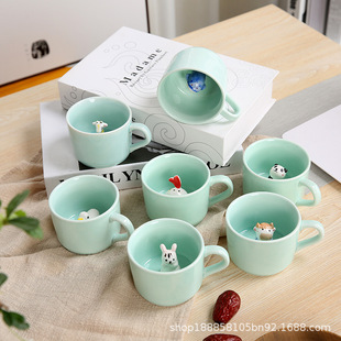Hand-painted 3D three-dimensional animal ceramic cup cute cartoon coffee breakfast cup with lid and Spoon gift mug wholesale