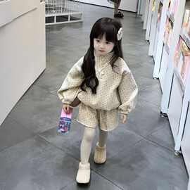 女童加绒加厚套装秋冬2025新款儿童宝宝洋气韩系圆点高领卫衣套装