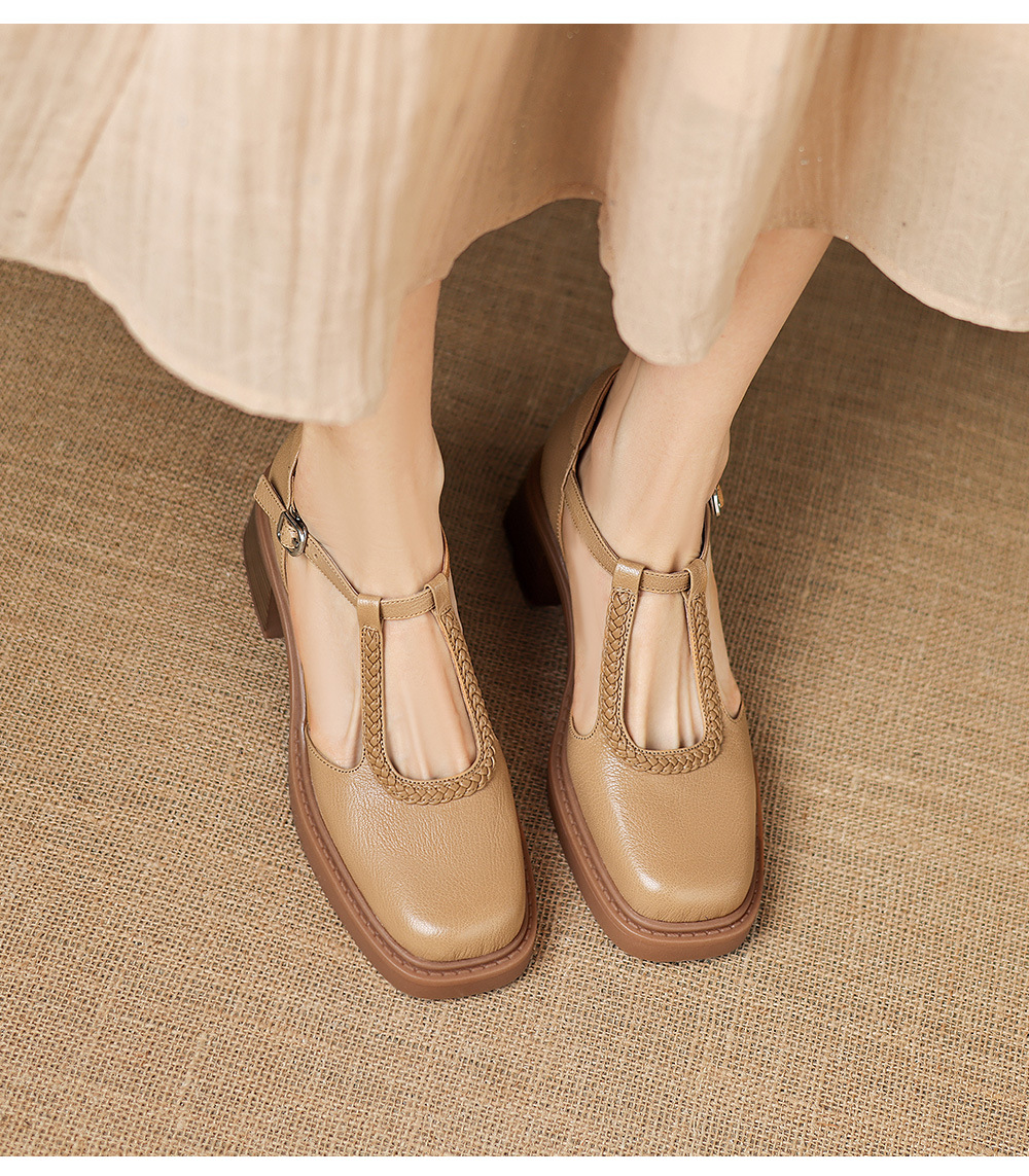 Sandal cao gót nữ mũi vuông quai chữ T đế dày — màu trắng ngà chi tiết 8