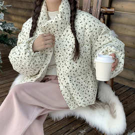 2024冬季新款BF复古碎花设计感棉服外套女ins宽松保暖面包服棉衣