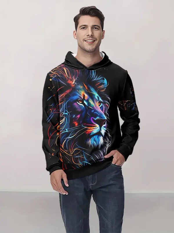 Temu Cross-Border Men's Long-Sleeved Hoodie 3D Digital Printing Lion Tiger Wolf Print Street Fashion Sweatshirt