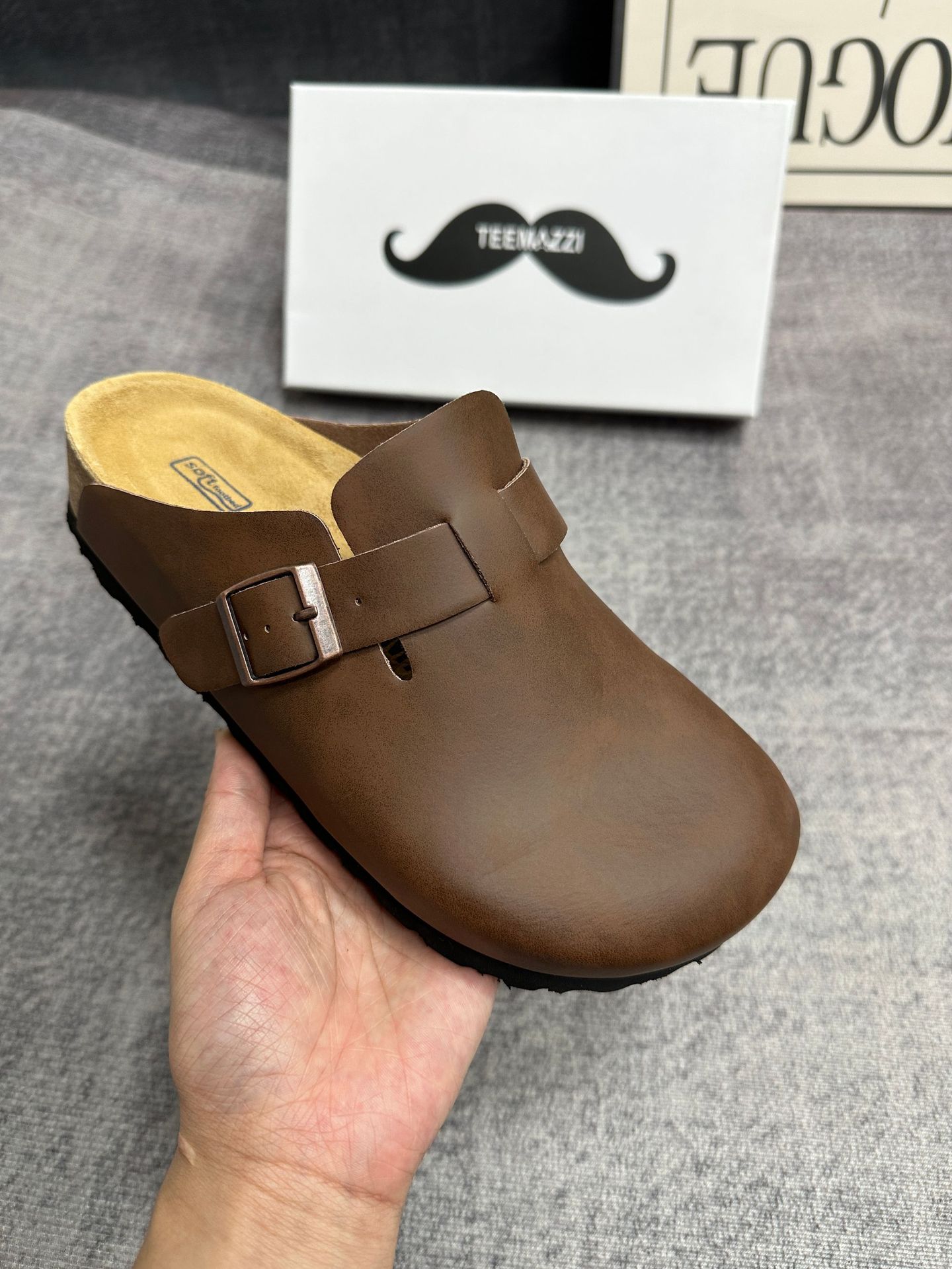 TEEMAZZI ganado de vello con zapatillas de cuero perezosas, zapatillas de moda versátiles con base de corcho Bocken image 19