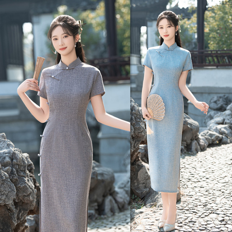 Pure Color Cotton Linen Long-Sleeve Cheongsam 2025 Spring New Republic Lady Literary Style Teenage Daily Cheongsam Dress