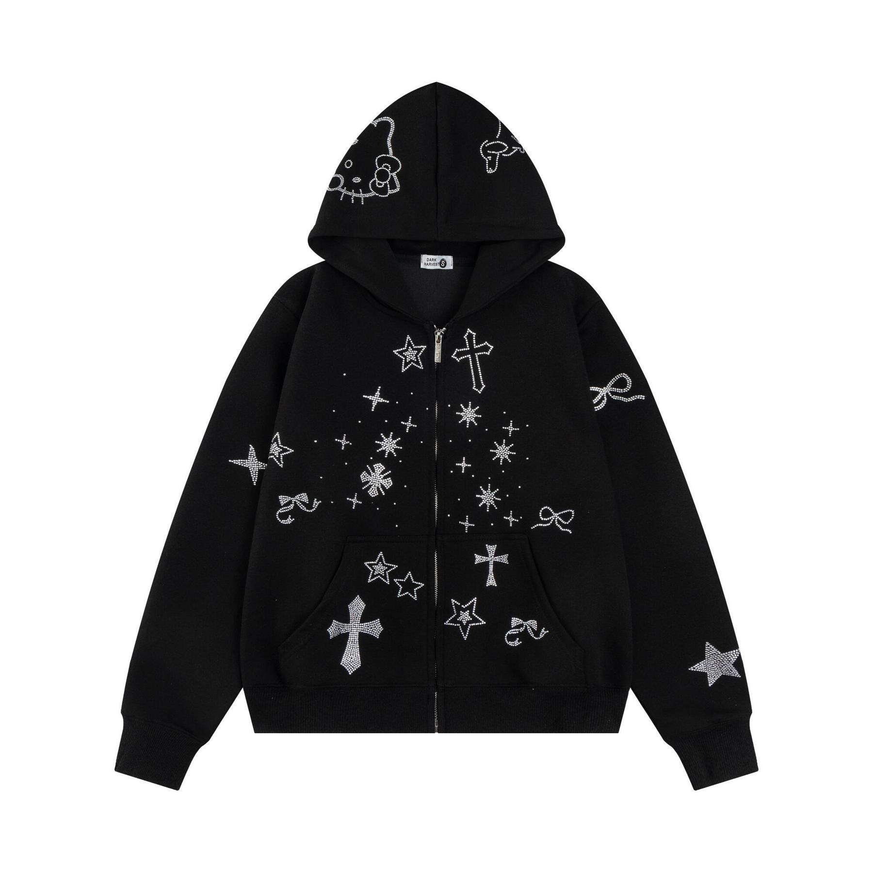 Unisex rhinestone graphic zip-up hoodie detail 3
