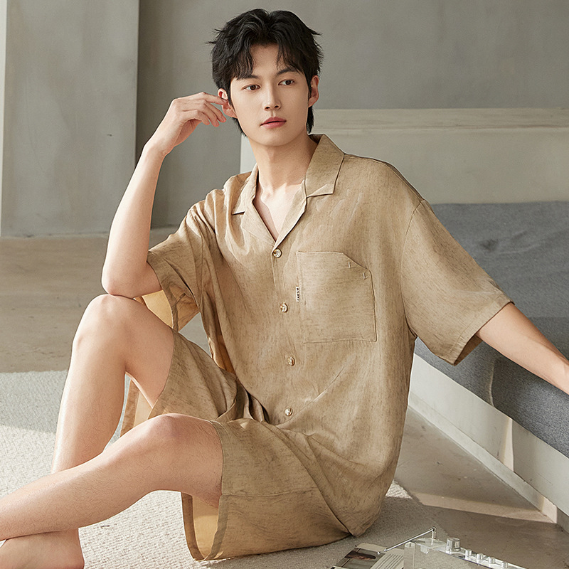 남성용 잠옷 여름 얇은 얼음 실크 반팔 반바지 정장 고급 여름 시뮬레이션 실크 반팔 가정복