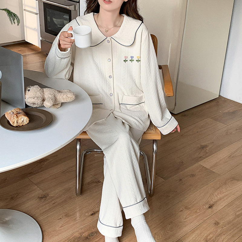 잠옷 여성의 가을과 겨울 두꺼운 공기 샌드위치 순면 긴 소매 소녀 달콤한 따뜻한 느슨한 홈 의류 세트 여성