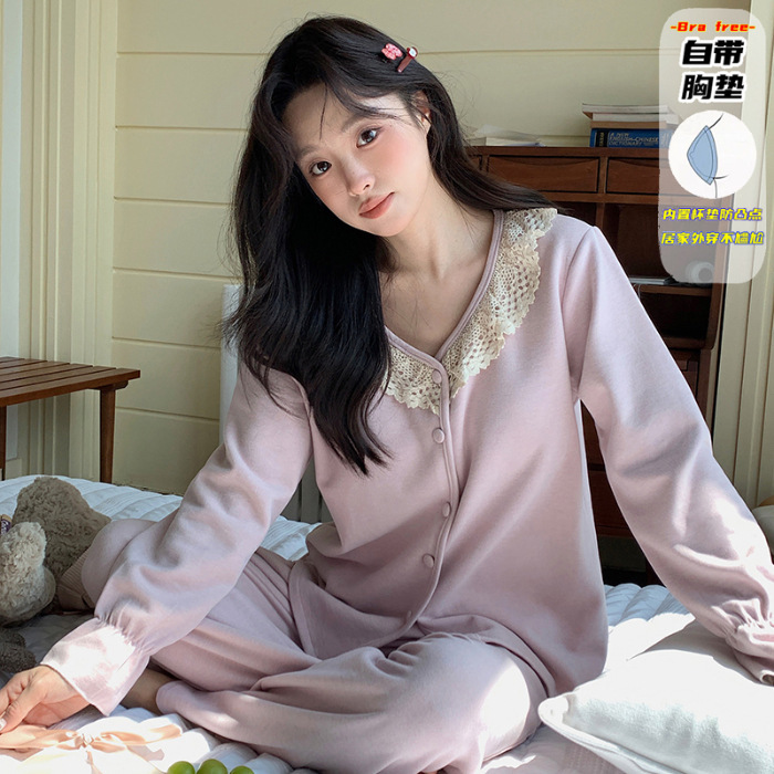 带胸垫睡衣女秋冬新款保暖长袖羊绒蚕丝宽松韩系甜美花边家居服|undefined