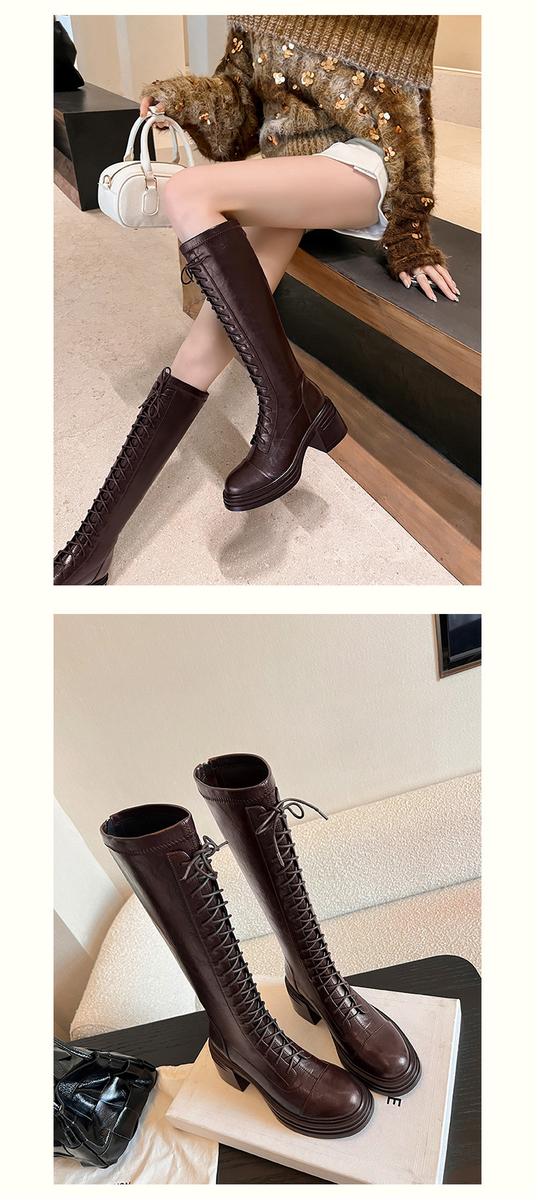 Boot nữ cổ cao ôm bắp chân đế dày dây buộc phong cách kỵ sĩ — Da lộn đen chi tiết 20