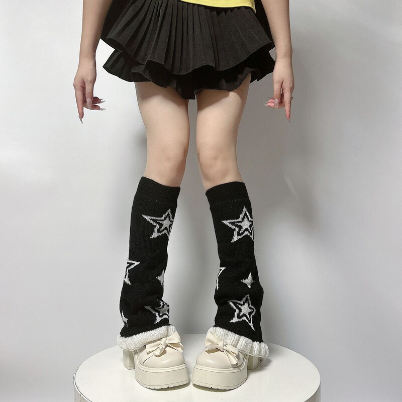 New Five-pointed Star Lace Wide Leg Socks Y2K Girls Warm Calf Socks JK Girls Wear Stacked Socks