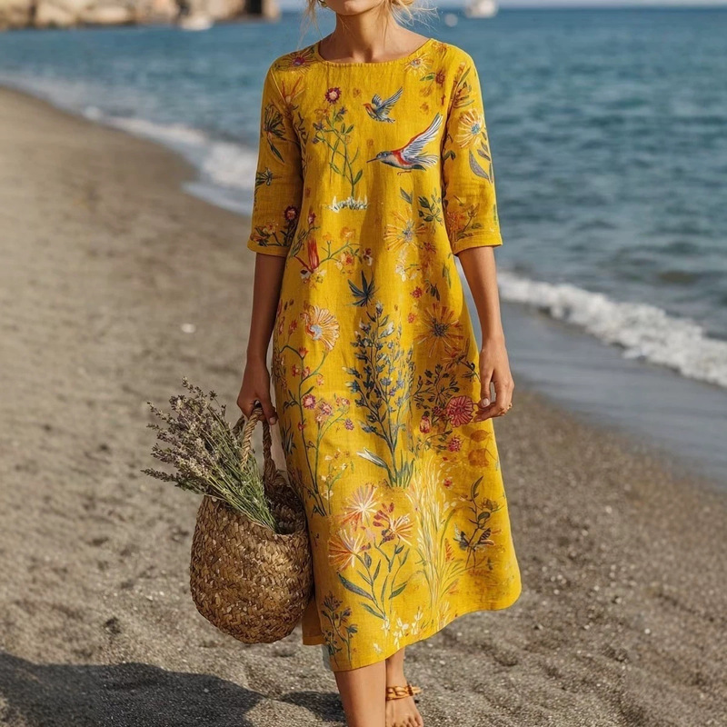 Cross-Border European and American Style Retro Floral Print Babydoll Dress for Outings, Slimming and Flattering for Pregnant Women, Casual Long Beach Dress with a Large Hem Cross-Border European and American Style Retro Floral Print Babydoll Dress for Outings, Slimming and Flattering for Pregnant Women, Casual Long Beach Dress with a Large Hem