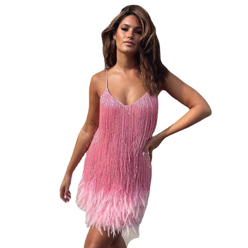 Women girls singers green pink feather jazz dance dress host nightclub bar hot dance stage performance clothes  sexy shoulder-straps fringe sequins feathers skirts 