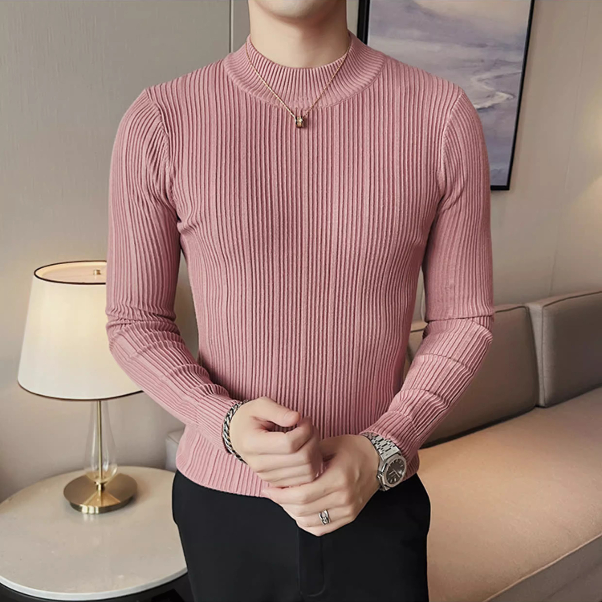 Camiseta de punto de cuello de media altura camiseta de manga larga hombre viejo dinero estilo de negocios delgado color sólido en primavera y otoño fábrica transfronteriza al por mayor