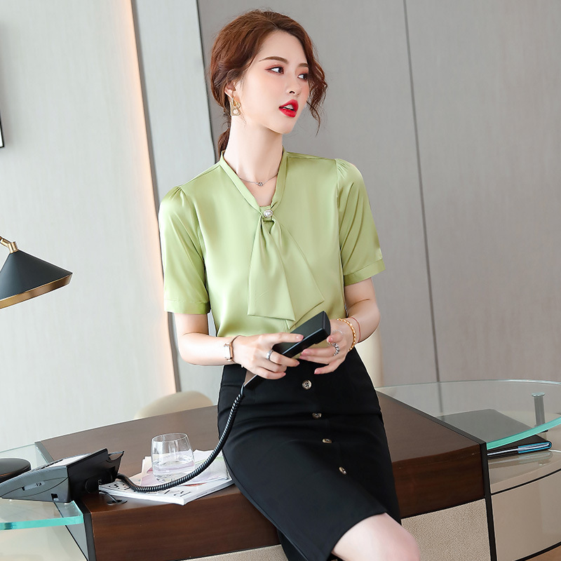Green summer fashionable elegant professional shirt with bow