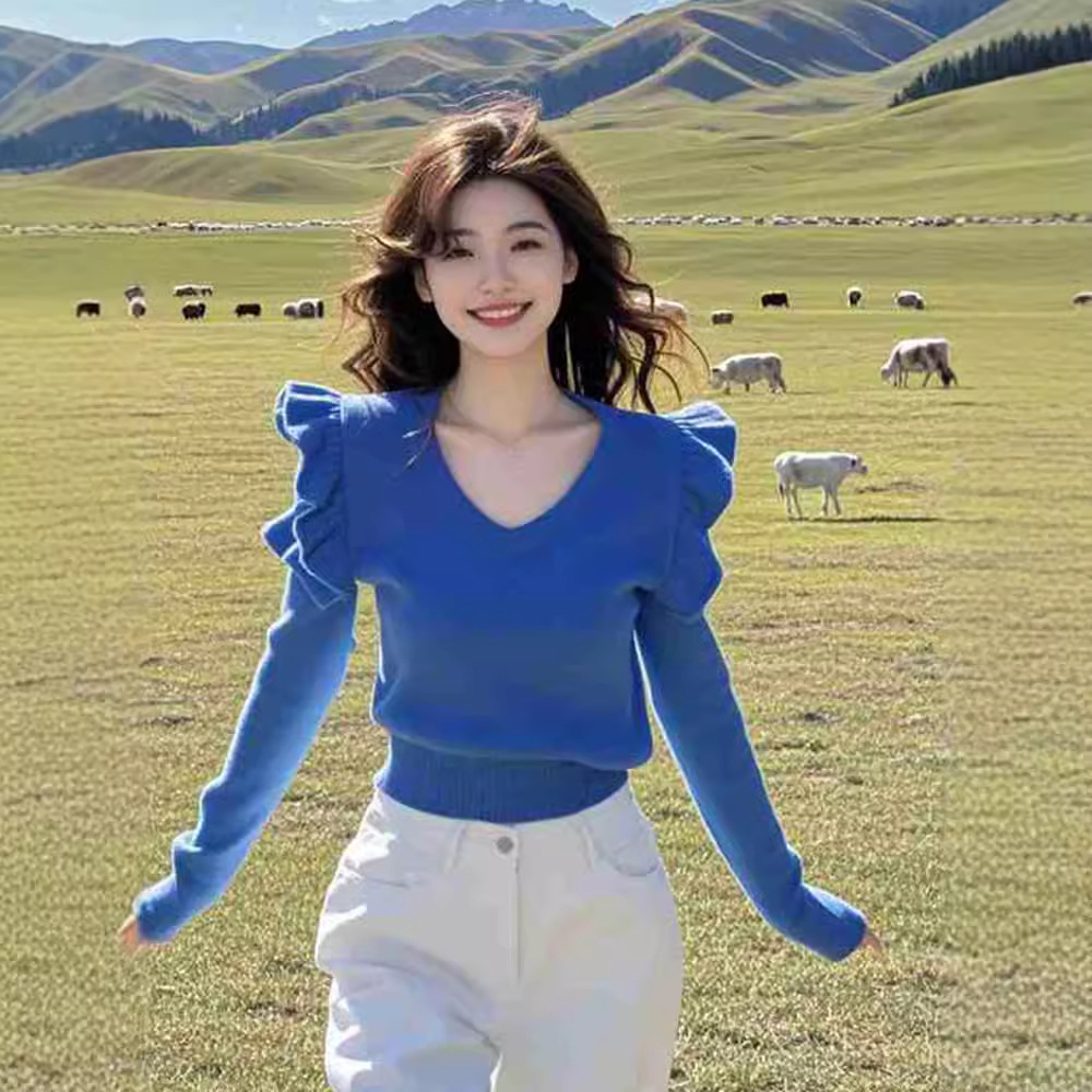 2024 년 초 가을 뉴 앰비언스 센스 러플 V-NECK KLEIN 블루 스웨터 니트 스웨터 여성용 쇼트 웨이스트 탑