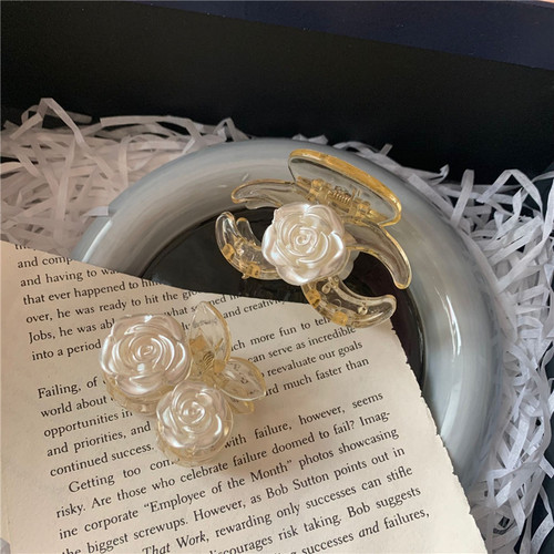 White Camellia Clip French Elegant Transparent Rose Flower Hair Clip Super Fairy Sweet Shark Clip
