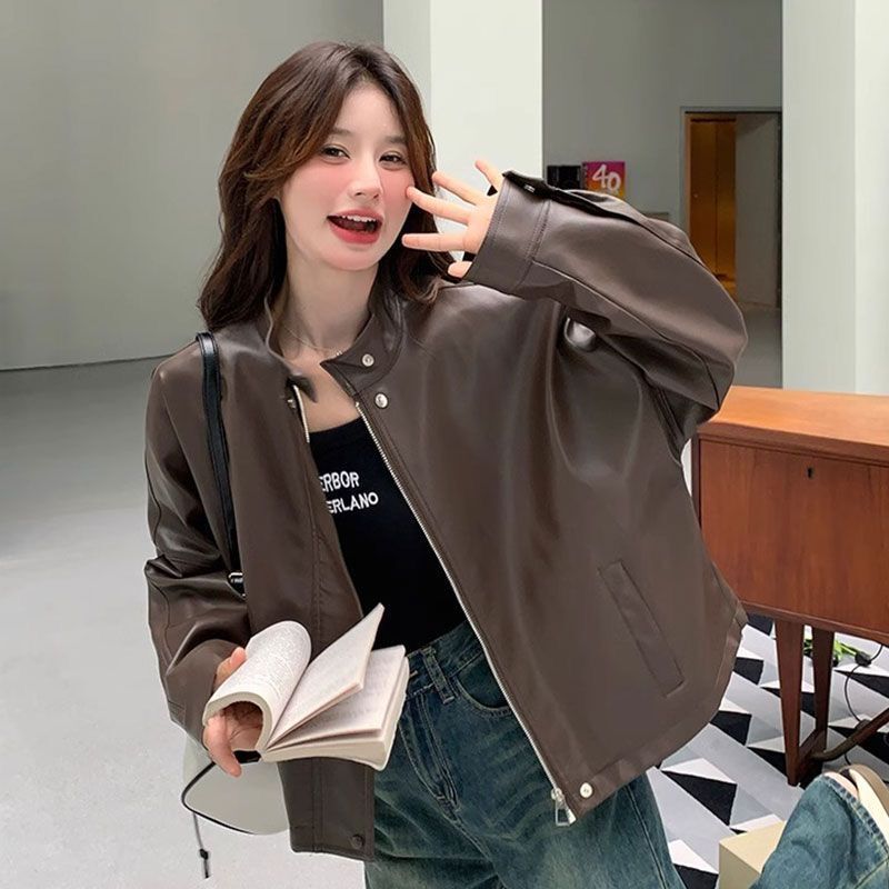 Brown Leather Jacket for Women, 2025 New Style, Hong Kong Style Short Motorcycle Jacket, Trendy This Year, American Retro Brown Leather Jacket for Women, 2025 New Style, Hong Kong Style Short Motorcycle Jacket, Trendy This Year, American Retro